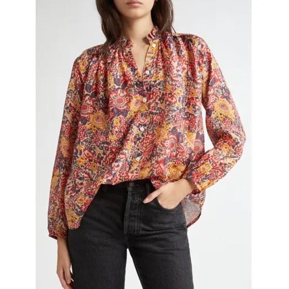 Mille Resort & Travel Francesca Silk Floral Ruffle Neck Blouse Toulouse Medium